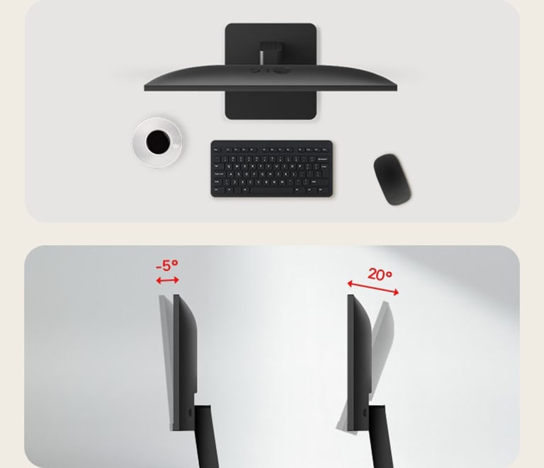 Работно пространство монитор, клавиатура, мишка, чаша за кафе, изглед отдясно, показващ регулиране на наклона от -5° до 20°.