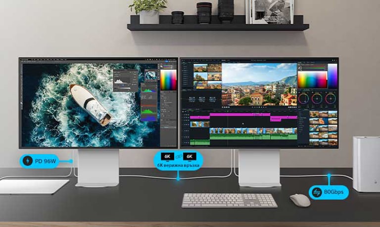 Два идентични UltraFine монитора с програмен екран поставени до лаптоп и устройство за съхранение, свързани с кабели, показващи неговата многофункционалност.