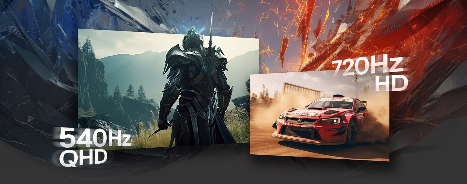 Две геймърски сцени: фентъзи воин, изобразен в QHD при 540 Hz вляво, и състезателна кола, изобразена в HD при 720 Hz вдясно.