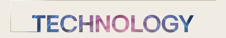 Думата „ТЕХНОЛОГИЯ“ с големи градиентни букви, центрирана на тъмен фон с тънко очертана рамка, простираща се отляво.