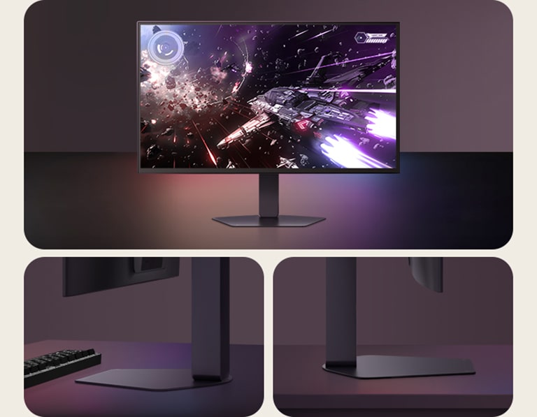 Монитор LG UltraGear 27GX790B, поставен на бюро. Две снимки подчертават тънкия дизайн на стойката и детайлите на основата.