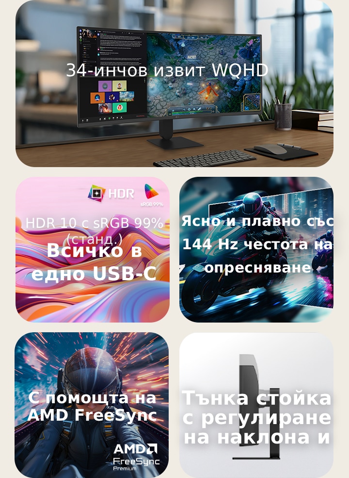 Преглед на функциите на LG UltraWide Curved Monitor, показващ 34-инчов WQHD извит дисплей, HDR10 с sRGB 99%, „Всичко в едно“ USB-C свързаност, плавна честота на опресняване 144 Hz, поддръжка на AMD FreeSync и тънка стойка с опции за накланяне и регулиране на височината за потапящо гейминг изживяване и ефективно изпълнение на много задачи.