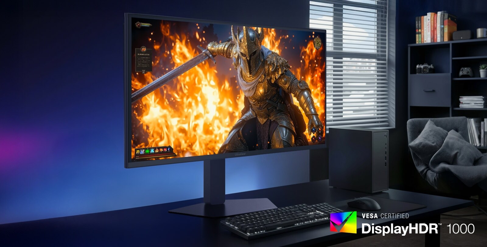 UltraGear gaming monitor (27GM950B) displaying ultra-high 1250nits peak brightness and clarity with Hyper Mini LED