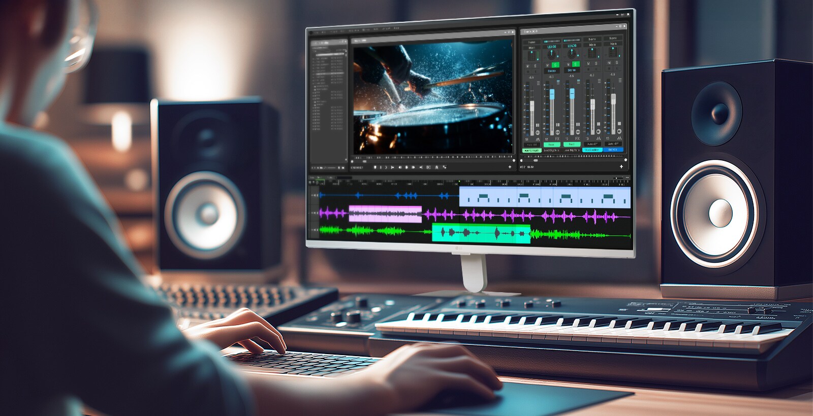LG Smart Monitor, който показва работна среда за професионална обработка на видео и аудио с времева линия.