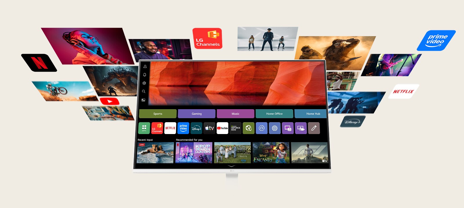 LG Smart Monitor, който показва началния екран на webOS с приложения за стрийминг и плочки със съдържание.