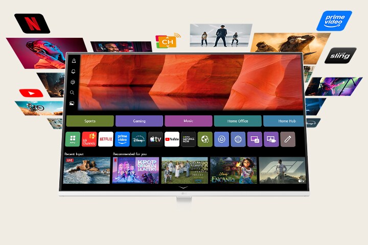 LG Smart Monitor, който показва началния екран на webOS с приложения за стрийминг и плочки със съдържание.