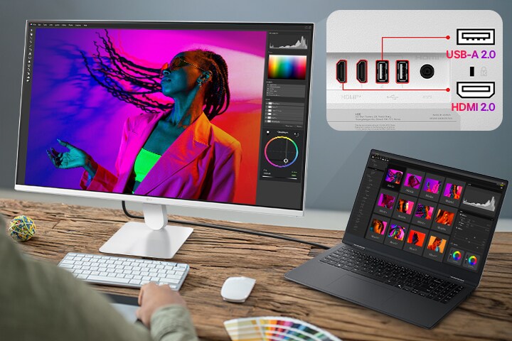 LG Smart Monitor, свързан към лаптоп, показващ работно пространство, множество портове, включително USB и HDMI.