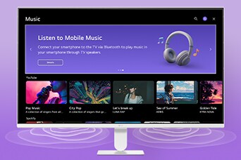 На екрана на LG Smart Monitor се показва интерфейсът на музикалните приложения.