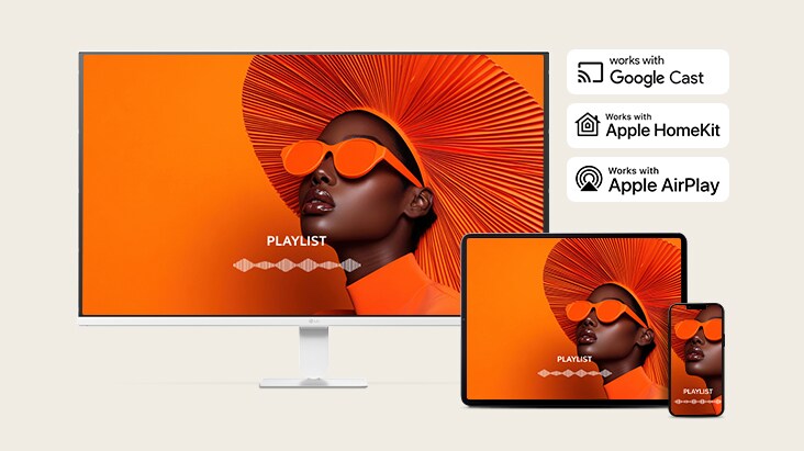 Един и същ екран се споделя на LG Smart Monitor, лаптоп, таблет и смартфон с помощта на AirPlay 2 и Screen Share.