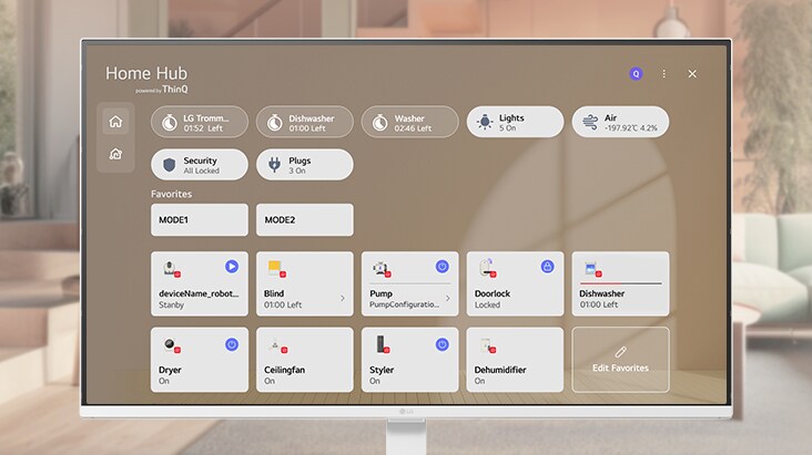LG Smart Monitor, който показва интерфейса на ThinQ Home Hub за управление на множество смарт устройства за дома.