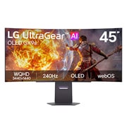 LG 45-инчов UltraGear™ GX9s, OLED гейминг монитор с webOS, Това изображение показва изглед отпред на 45-инчовия гейминг монитор LG UltraGear OLED GX9s, разполагащ с OLED дисплей с WQHD (3440×1440) резолюция, 240Hz честота на опресняване и webOS, показващ кадр, 45GX90SB-B, thumbnail 2