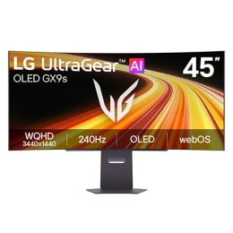 Това изображение показва изглед отпред на 45-инчовия гейминг монитор LG UltraGear OLED GX9s, разполагащ с OLED дисплей с WQHD (3440×1440) резолюция, 240Hz честота на опресняване и webOS.2