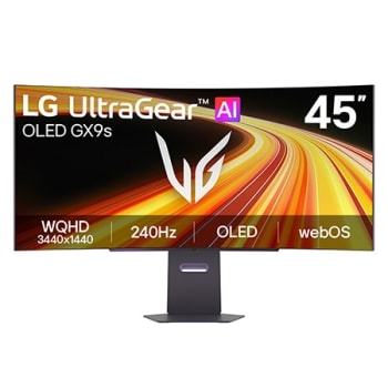 Това изображение показва изглед отпред на 45-инчовия гейминг монитор LG UltraGear OLED GX9s, разполагащ с OLED дисплей с WQHD (3440×1440) резолюция, 240Hz честота на опресняване и webOS.1