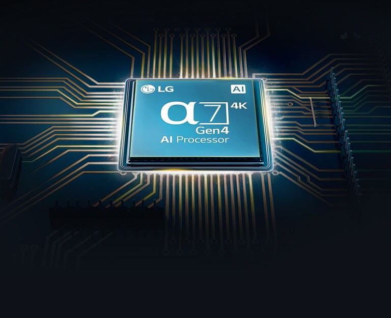 Изображение на черен фон на квадратния чип на Alpha 7, от който излизат леки линии светлина.