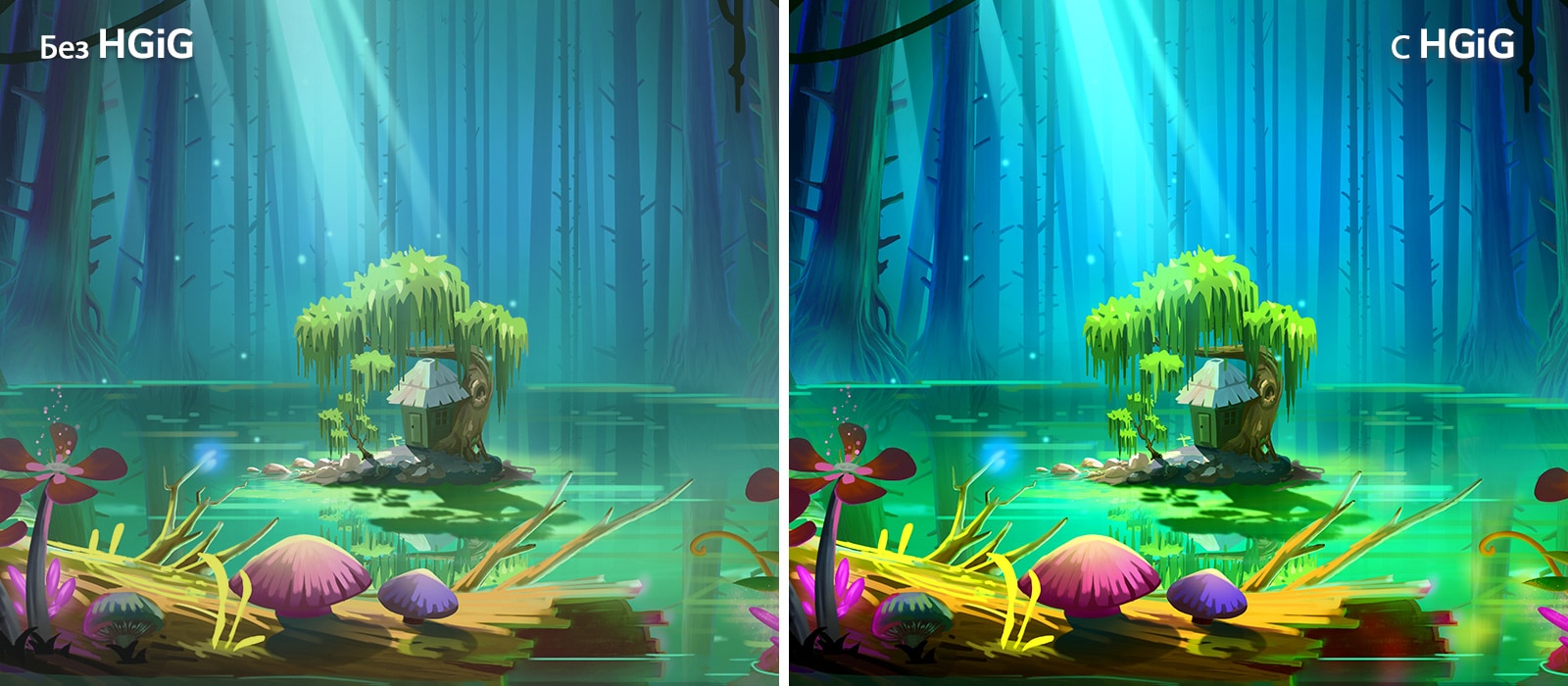 Анимирано изображение на малка къщичка и дърво върху малко парче земя, която се намира в средата на езерце, заобиколено от високи, голи дървета, с текста „С HGIG“ горе вдясно, е по-ярко и с по-добро качество на картината в сравнение с това без HGiG.