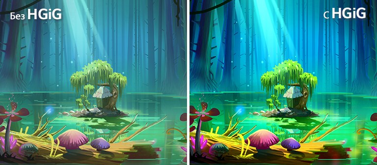 Анимирано изображение на малка къщичка и дърво върху малко парче земя, която се намира в средата на езерце, заобиколено от високи, голи дървета, с текста „С HGIG“ горе вдясно, е по-ярко и с по-добро качество на картината в сравнение с това без HGiG.