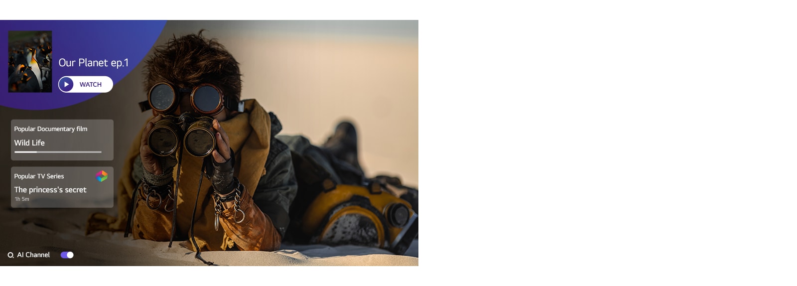 Телевизионен екран, който показва човек, гледащ през бинокъл докато лежи в пустинята, със списък от програми за следващи програми, които да гледате.