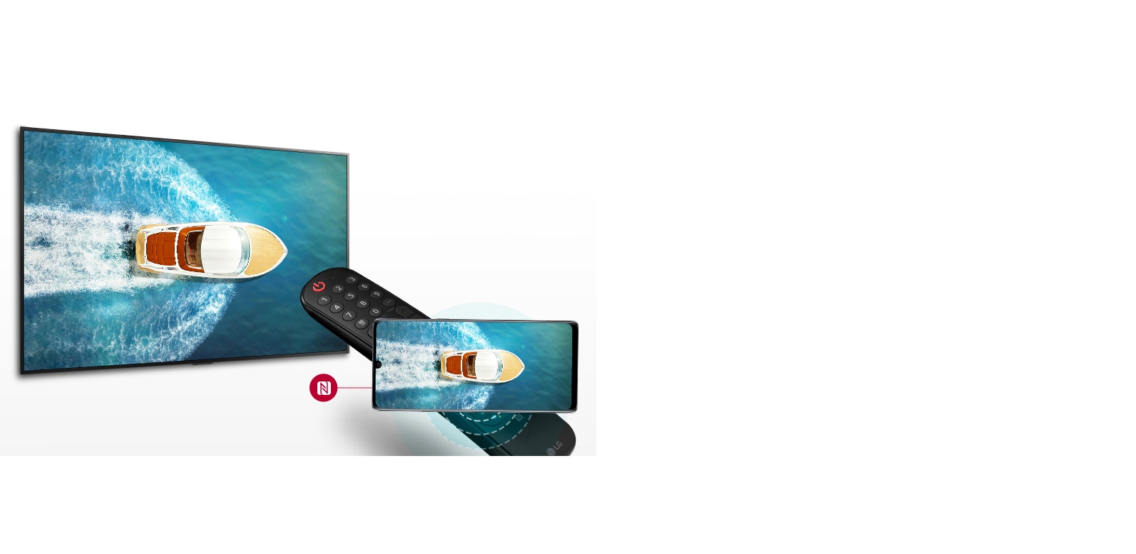 Мобилно устройство, което показва яхта, плаваща в морето, докосва дистанционно управление, за да покаже същото изображение на телевизионен екран.