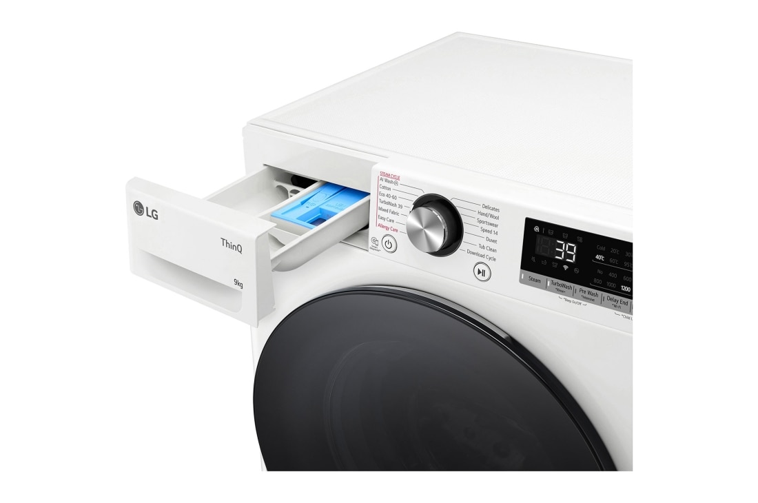 LG 9 кг, макс. 1200 оборота/мин., Перална машина с пара, TurboWash™360, AI DD™ и WiFi , Slim дизайн​, Изглед към чекмеджето за препарати, F2WR709S2W, thumbnail 5