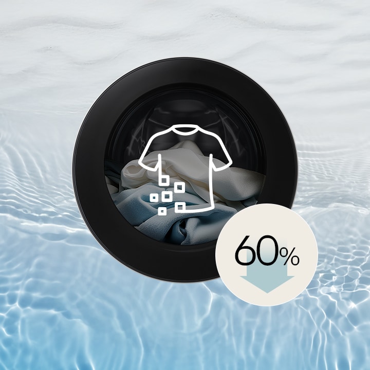 Изображение, показващо намаляване на емисиите на микропластмаси с до 60% на фона на изображение, изобразяващо вълни