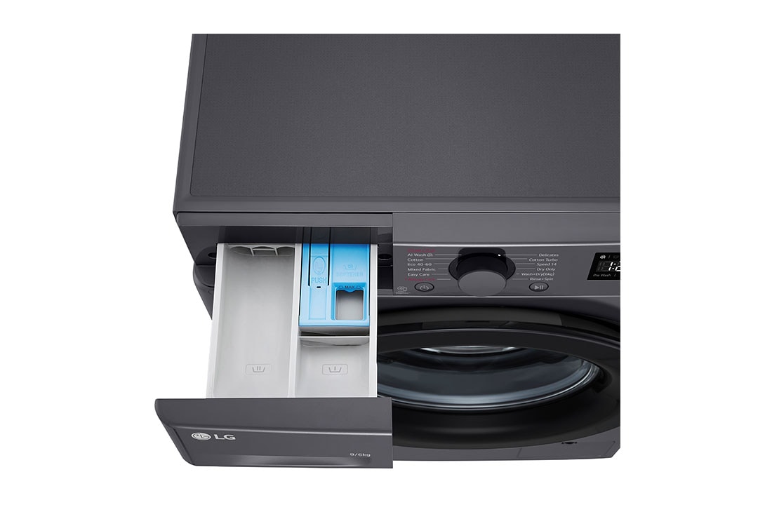 LG 9/6 кг, макс. 1400 оборота/мин., Пералня със сушилня с пара, AI DD™ технология, Перспективен изглед отгоре към чекмеджето за препарати, F4DR509SBM, thumbnail 7