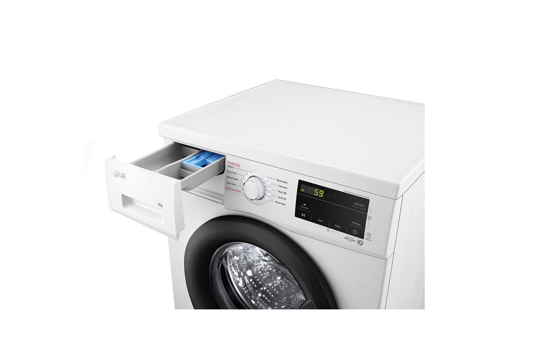 LG 9 кг, макс. 1400 оборота/мин., Перална машина с пара, Перспективен изглед отгоре към чекмеджето за препарати, F4J3VS6WE, thumbnail 6