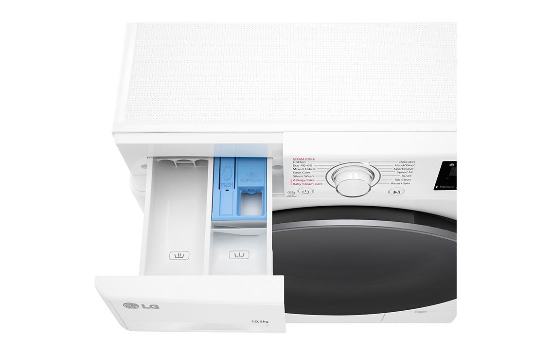LG 10.5 кг, макс. 1400 оборота/мин., Перална машина с пара, AI DD™ технология, Изглед към чекмеджето за препарати, F4WV3210S1A, thumbnail 7