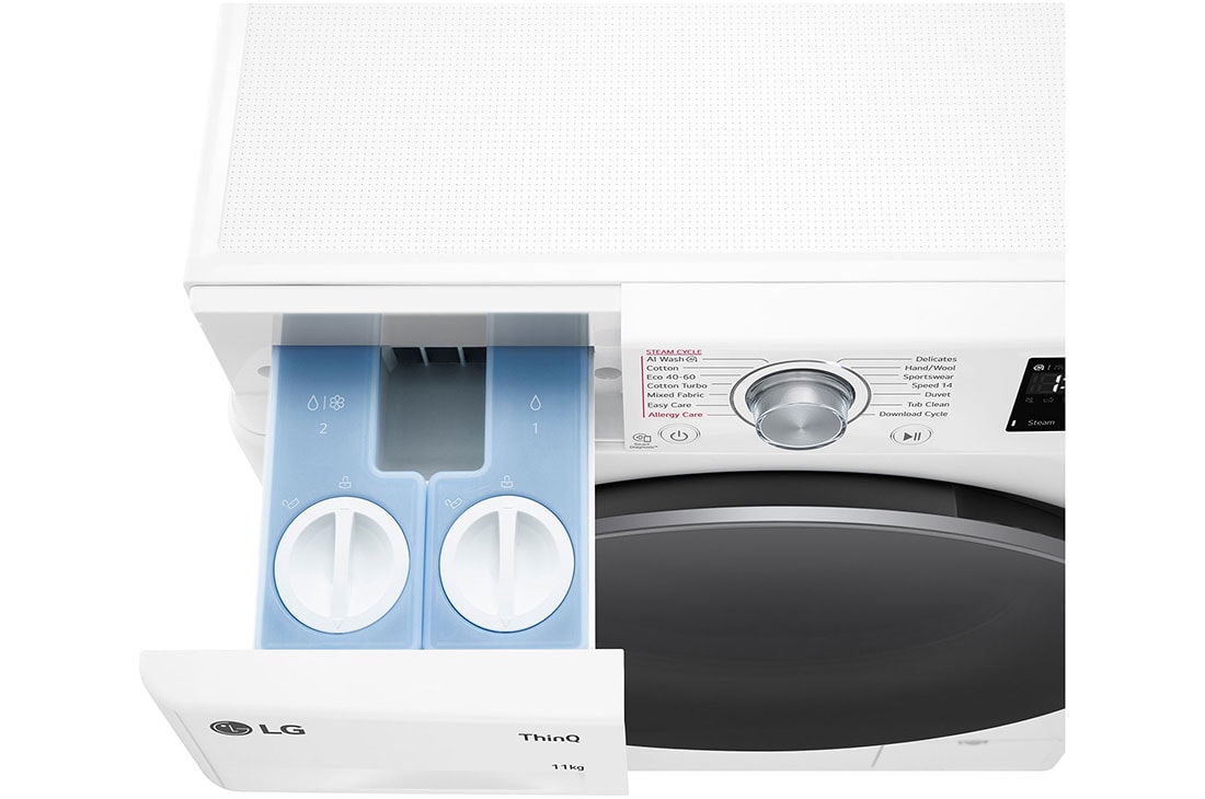 LG 11 кг, макс. 1400 оборота/мин., Перална машина с пара, TurboWash™360, AI DD™ и WiFi , Изглед към чекмеджето за препарати, F4WR311S1WA, thumbnail 7