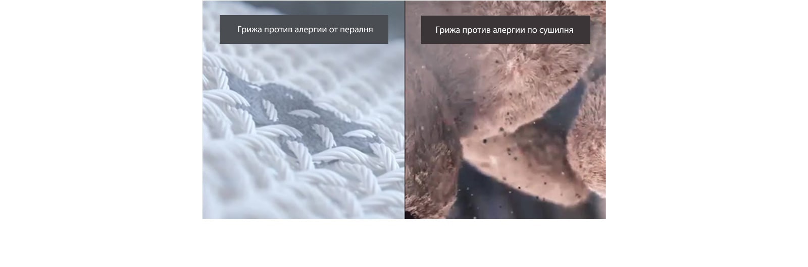 Видеото показва как алергените се отстраняват от дрехите по време на цикъла на пране, а от плюшеното мече - по време на цикъла на сушене.