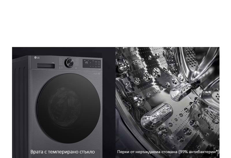 LG перална машина с пара, врата с темперирано стъкло и перки от неръждаема стомана