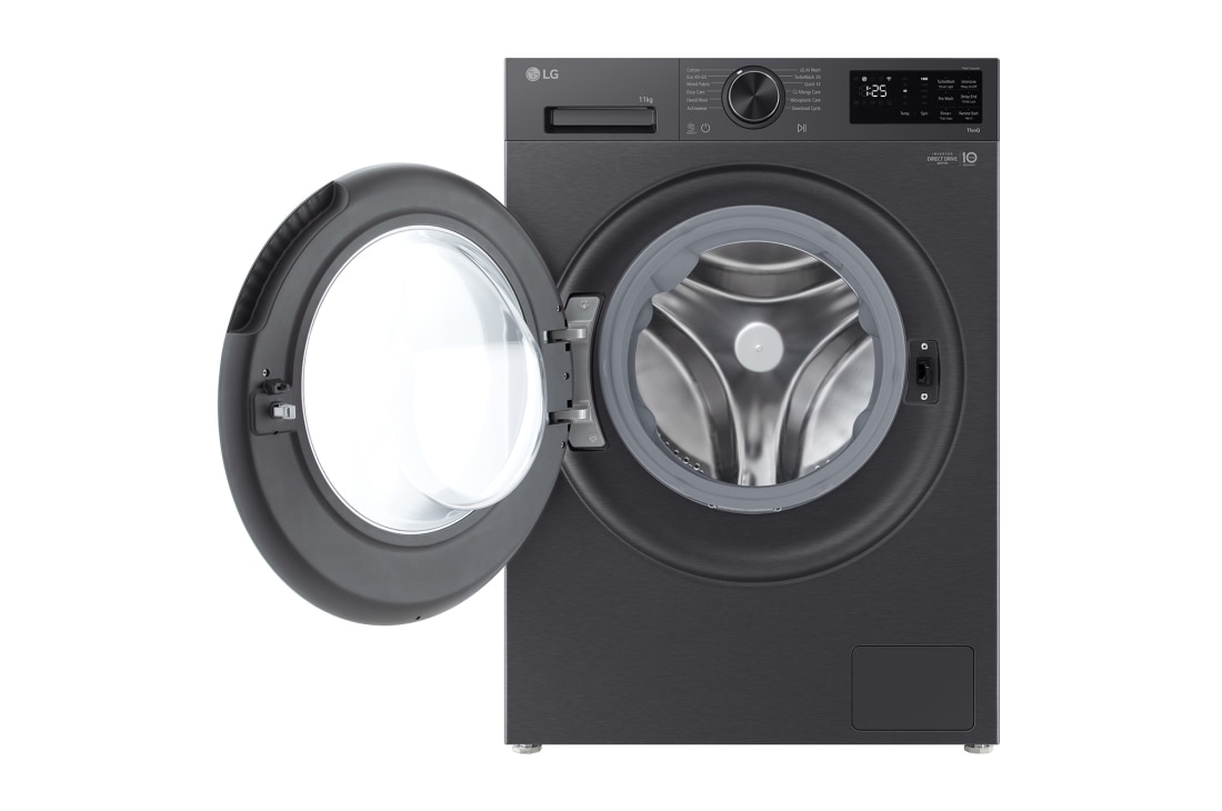 LG 11 кг, макс. 1400 оборота/мин., Перална машина с пара, TurboWash™360, AI DD™ и WiFi , Изглед отпред с отворена врата, F4X5011TBB, thumbnail 2