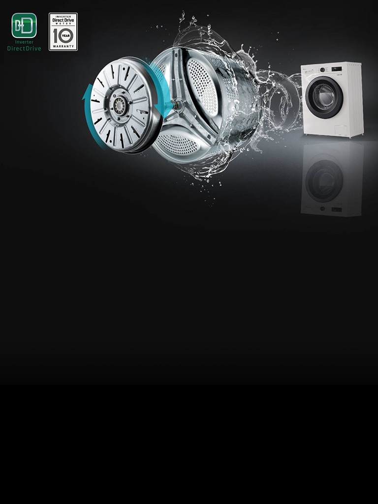 Мотор Inverter Direct Drive и барабан на LG пералня с воден ефект, подчертаващи по-нисък шум и вибрации.