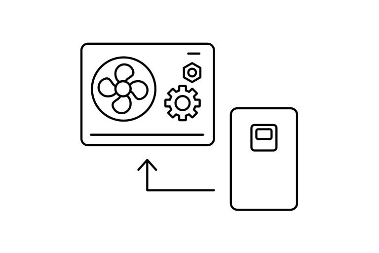 Горе в ляво външно тяло съдържа вентилатор и зъбни колела, докато отдясно стои вътрешнoто тяло. Стрелка от вътрешното тяло сочи към външното тяло.