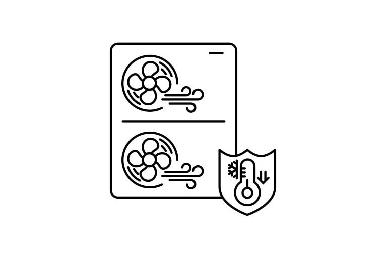 От външното тяло с два вентилатора излиза въздух, докато термометър в щит показва ниска температура със стрелка надолу и разполовена снежинка.