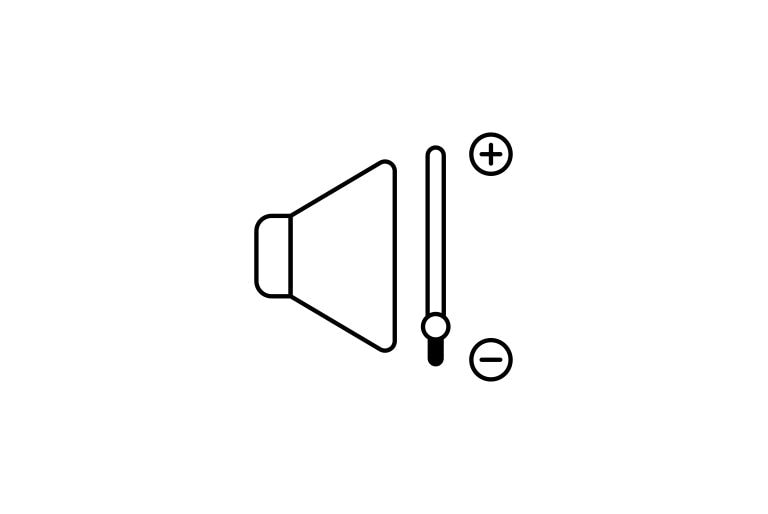 Триъгълен мегафон вляво и лента вдясно с горна икона плюс и долна икона минус, показващи ниска сила на звука.