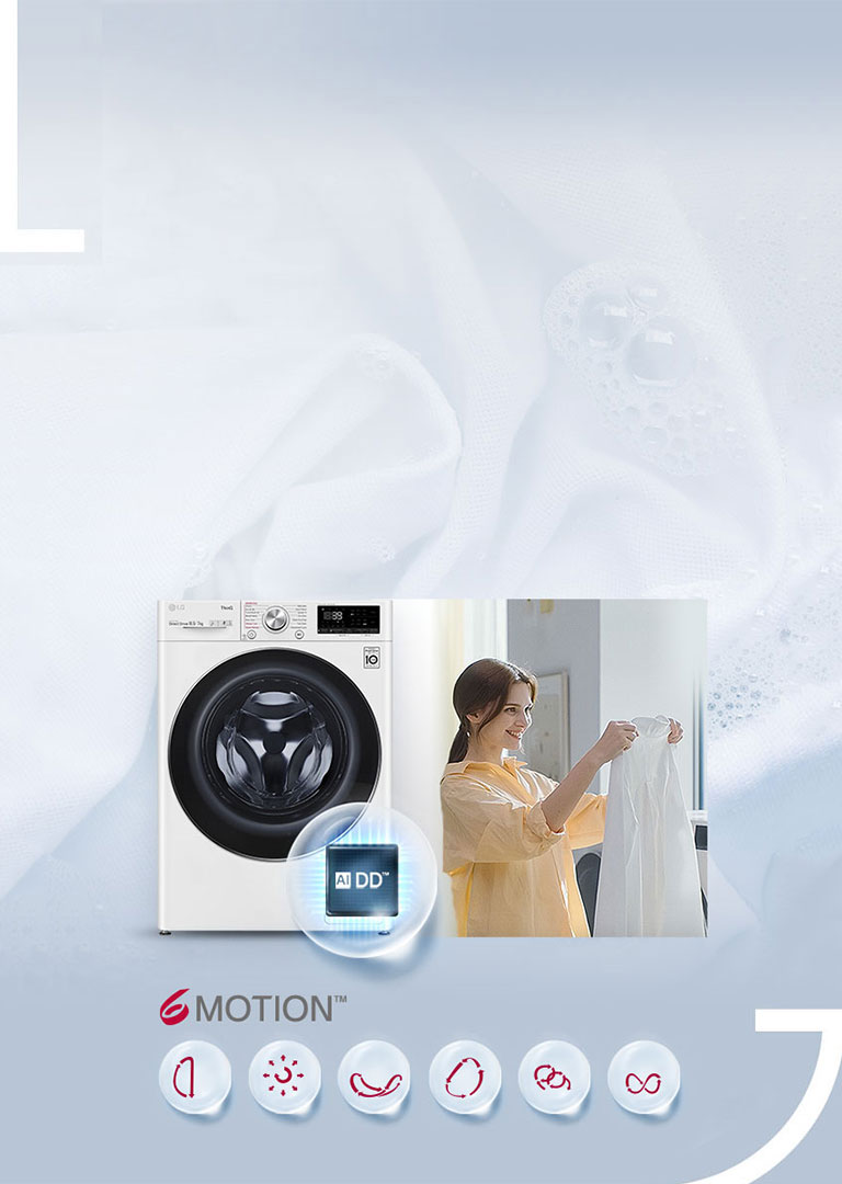 Изображение показва усмихната жена, която държи чиста бяла риза. Зад нея е изглед отпред на пералня LG. Пред пералнята има балон, който съдържа логото AI DD. Фоновото изображение е бяло пране в разпенена вода. Отгоре е логото SMotion, а отдолу са 6 движения, представени с линии и стрелки.