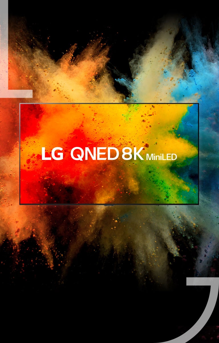 Телевизорът е поставен в средата – цветният прах експлодира в телевизионния монитор, като цветният прах също излиза извън рамката на телевизора.