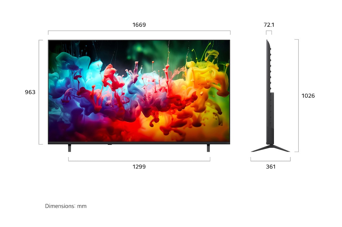 LG 75-инчов LG QNED AI QNED70 Mini LED 4K Smart TV 2026, LG QNED AI QNED70 Mini LED, показан отпред и отстрани, се отличава с 75-инчов дисплей с ширина 1890 mm, височина 1088 mm, височина 1148 mm със стойка, дълбочина на профила 72,4 mm и площ на стойката 1, 75QNED70B3A, thumbnail 2