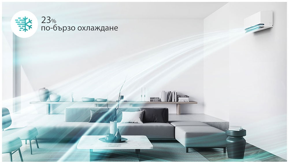 Хладните въздушни потоци се насочват с посока към тавана. Спускайки се надолу, охлаждат помещението по-бързо и с несравним комфорт.