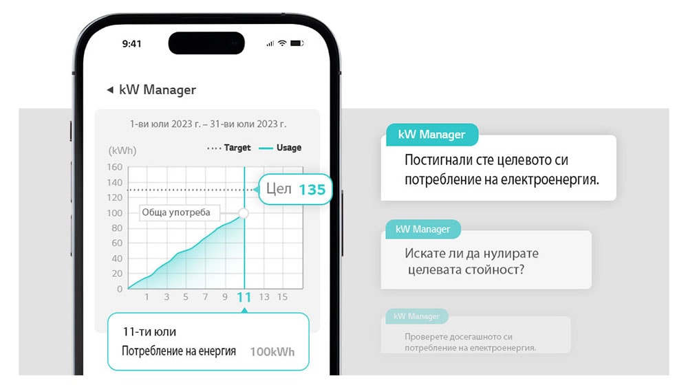 Когато е достигната и използвана целевата стойност, в приложението ThinQ се появява известие.