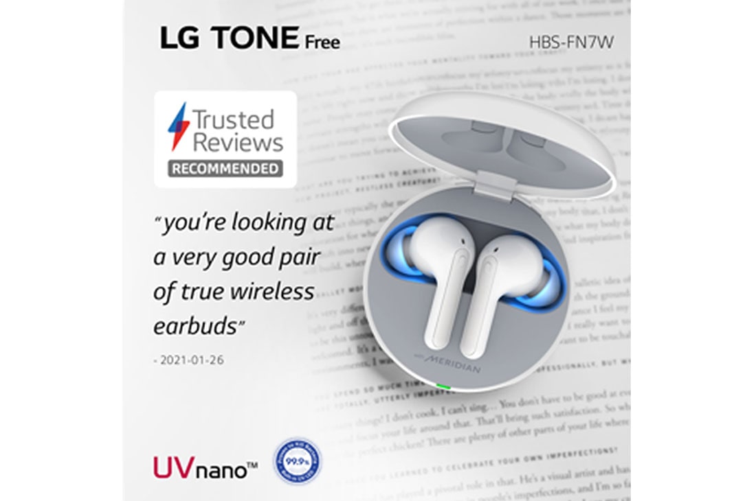 LG HBS-FN7, Поглед отгоре върху отворена кутийка, осветена от луната, и лога на сертифициране на UVnano, HBS-FN7, thumbnail 2