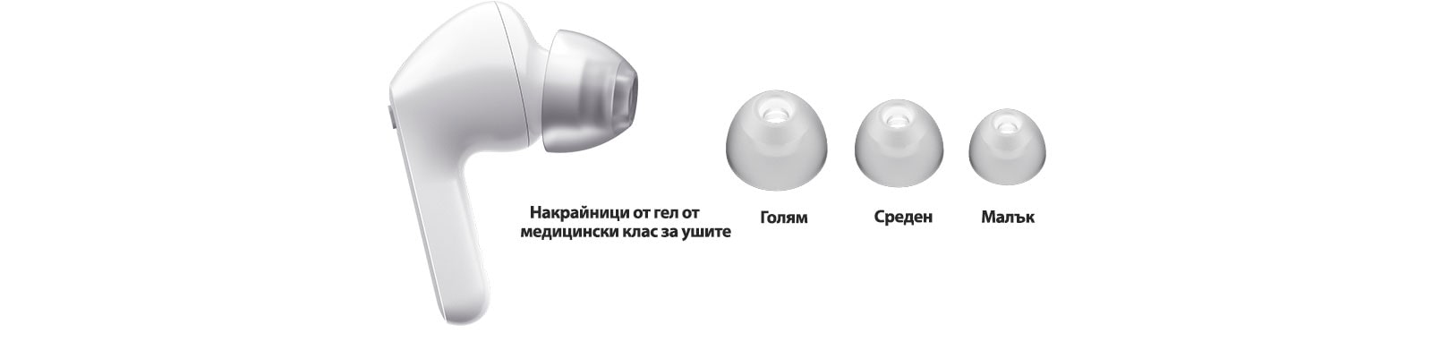 Изображение на бели слушалки за уши и комплект от 3 размера слушалки за уши: голям, среден и малък.