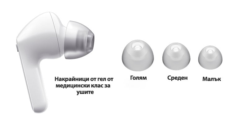 Изображение на бели слушалки за уши и комплект от 3 размера слушалки за уши: голям, среден и малък.