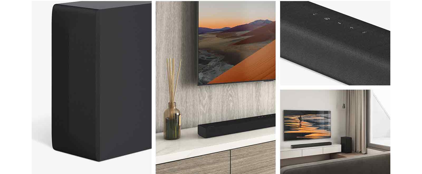 Отляво, изображение на заден високоговорител, близък план на телевизора LG, показващ планина на екрана и Саундбар на LG по-долу. Вдясно, по посока на часовниковата стрелка от горе надолу: близък план на Саундбар на LG. Телевизор LG, показващ плаж по залез слънце, и Саундбар на LG, заден високоговорител се поставя във всекидневната.