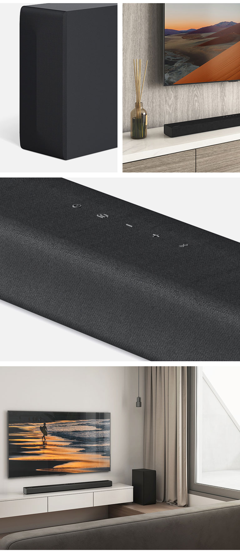 Отляво, изображение на заден високоговорител, близък план на телевизора LG, показващ планина на екрана и Саундбар на LG по-долу. Вдясно, по посока на часовниковата стрелка от горе надолу: близък план на Саундбар на LG. Телевизор LG, показващ плаж по залез слънце, и Саундбар на LG, заден високоговорител се поставя във всекидневната.