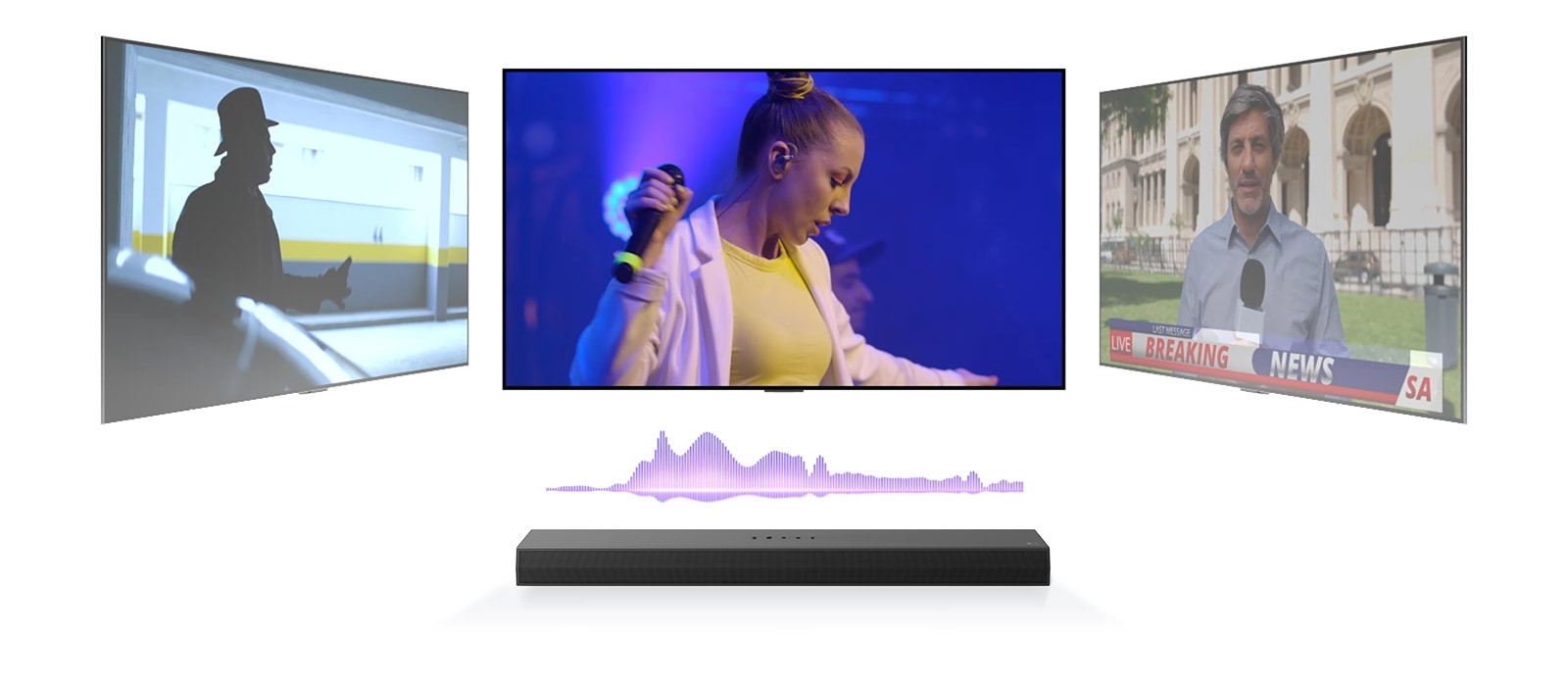 LG Soundbar има три различни телевизионни екрани отгоре. На този, който е отгоре, се показва музикален концерт с жена, която пее. Телевизорът вдясно показва новинар, който заснема новинарска емисия пред богато украсена сграда. Телевизорът от лявата страна показва кадър от екшън филм с мъж в сянка. Между телевизора и Soundbar има лилава схема на звукова вълна. 