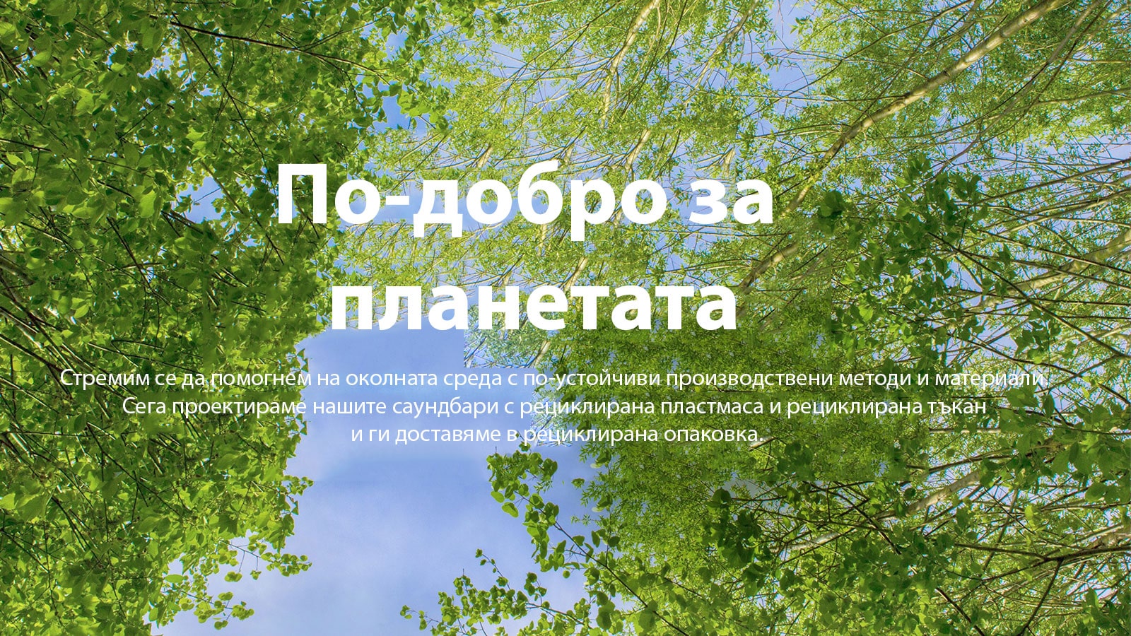 Зелено изображение, изпълнено с разлистени дървета, между които се вижда небето.