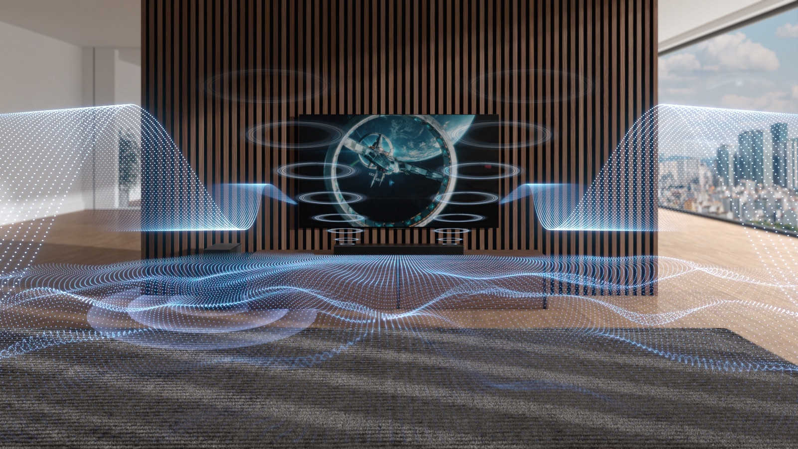 Оцветени в синьо звукови вълни с различни фигури се излъчват от саундбара и телевизора. В горния ляв ъгъл е показано обозначението НОВО.