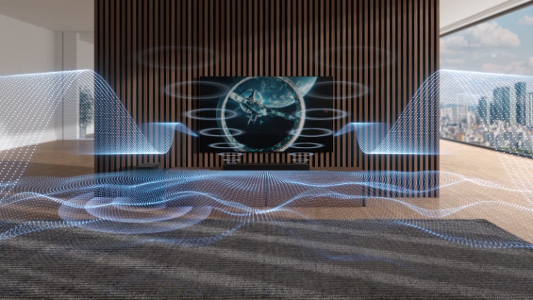 Оцветени в синьо звукови вълни с различни фигури се излъчват от саундбара и телевизора. В горния ляв ъгъл е показано обозначението НОВО.