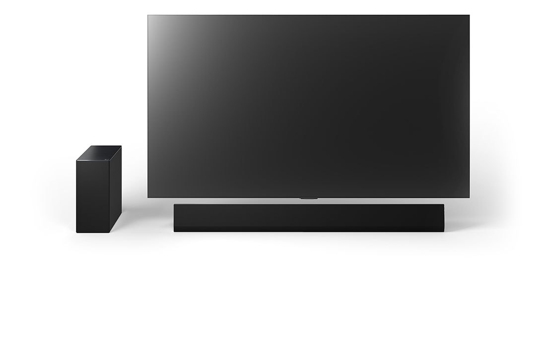 LG Soundbar за телевизор с Dolby Atmos 3.1channel SG10TY, Изглед под ъгъл на 65inch LG OLED G4, LG Soundbar SG10TY и събуфера, SG10TY, thumbnail 12